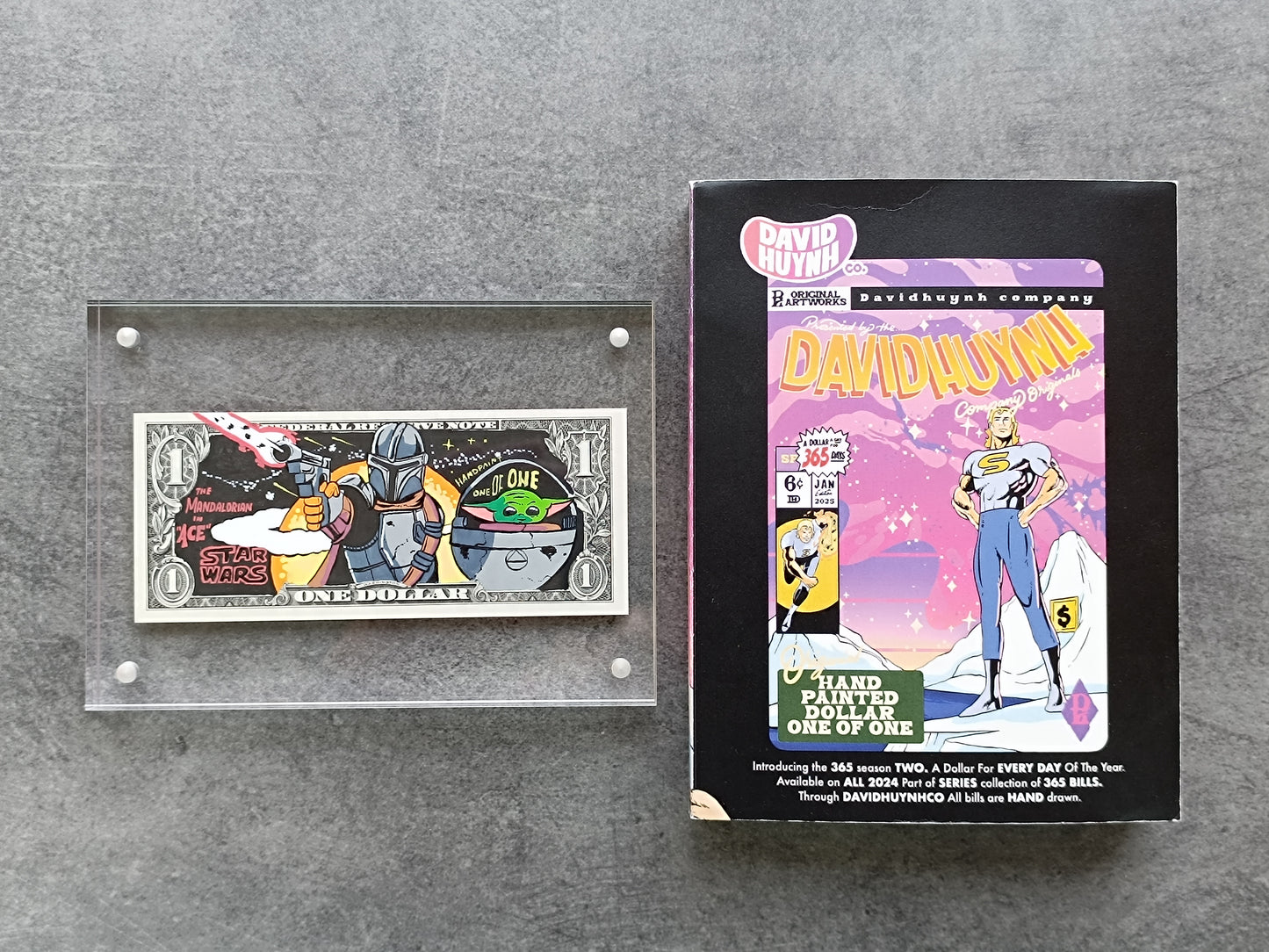 Billet 1 Dollar peint à la main par David Huynh. Star Wars The Mandalorian. 1 of 1.