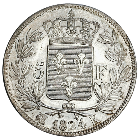 Louis XVIII (1815-1824) 5 Francs 1824 K Bordeaux Argent 24.94 gr