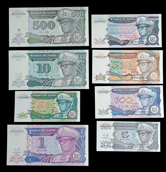 Zaïre. Lot de 8 billets neufs. Zaïres, nouveaux Zaïres et nouveaux Makuta