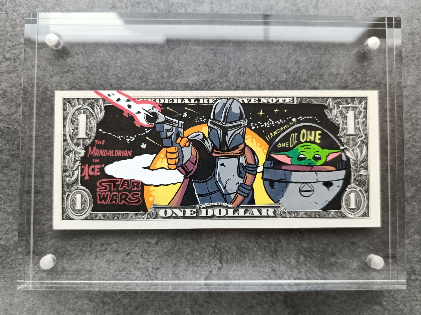 Billet 1 Dollar peint à la main par David Huynh. Star Wars The Mandalorian. 1 of 1.