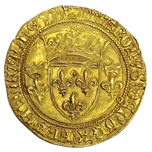 Charles VII (1422-1461) Écu d'or à la couronne 3e type ou écu neuf - point 9ème La Rochelle 3.45 gr Flan Large