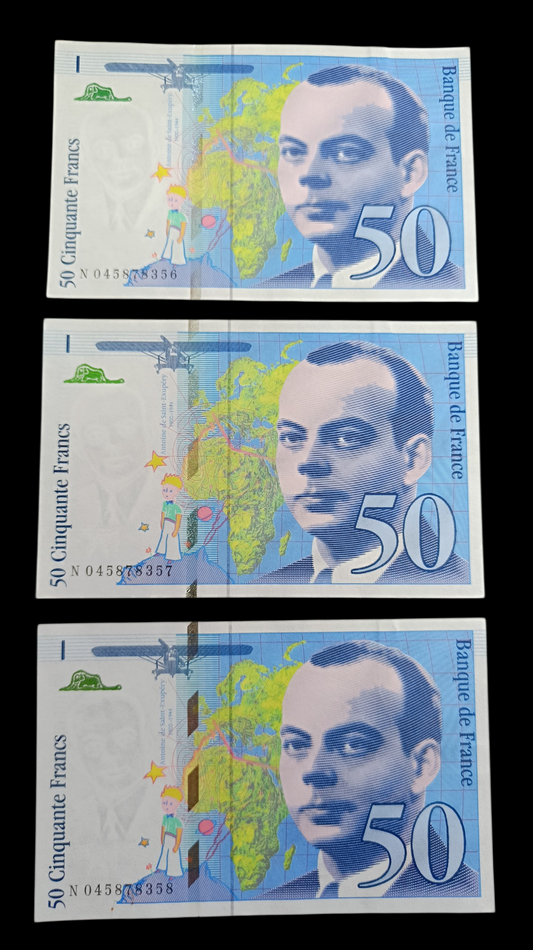 Lot de 3 billets numéros consécutifs 50 Francs Saint-Exupéry 1997. État SUP/SPL