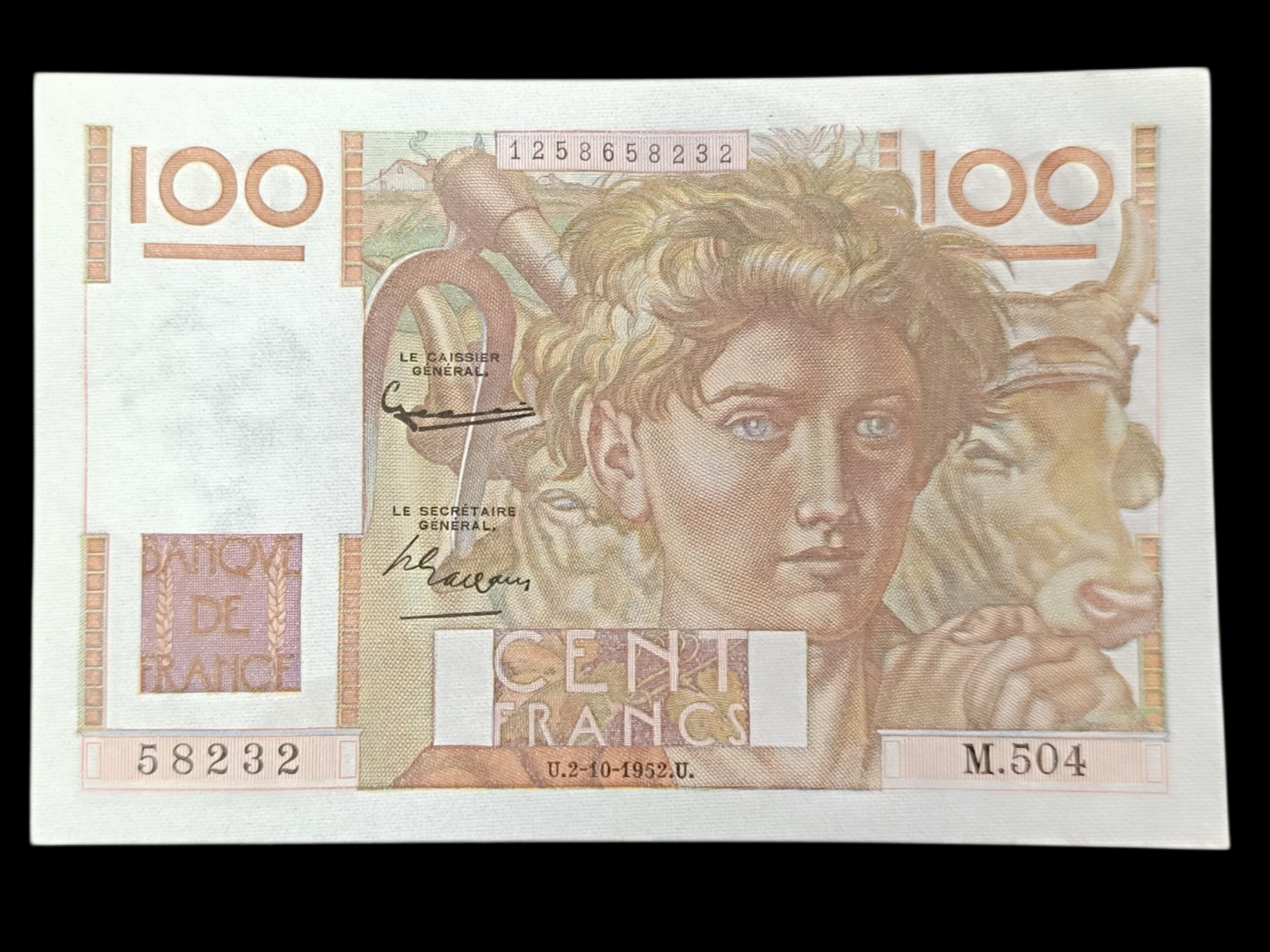 Billet 100 francs Jeune Paysan 2-10-1952. M.504. Quasi Neuf