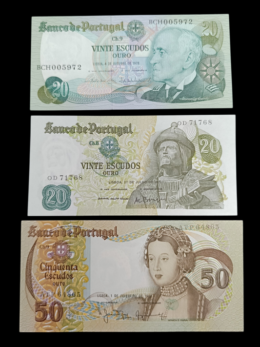 Portugal. Lot de 3 billets neufs. 20 escudos 1971 et 1978. 50 escudos 1980.