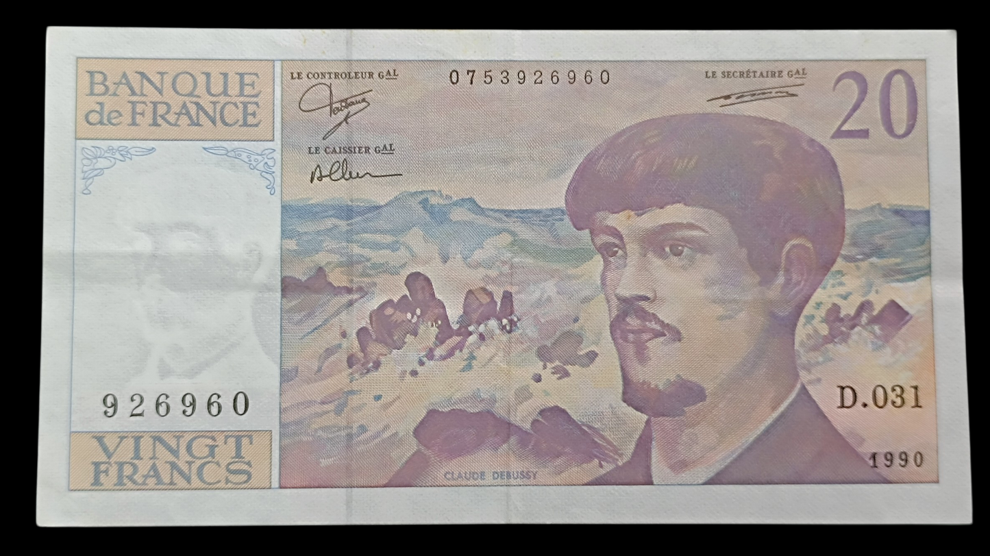 Billet de 20 Francs Debussy 1990. D.031. Signature Bruneel, Dentaud, Charriau. État Sup