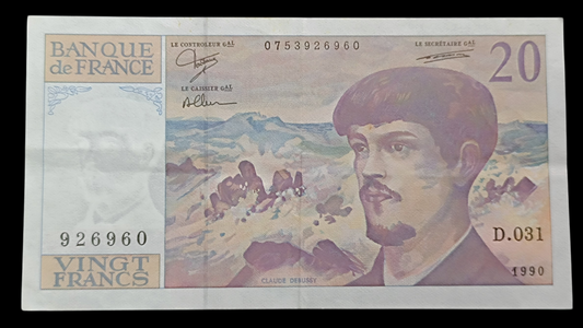 Billet de 20 Francs Debussy 1990. D.031. Signature Bruneel, Dentaud, Charriau. État Sup