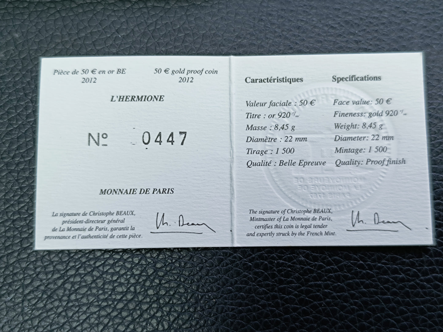 France 50 Euros 2012 L'Hermione 2012 Coffret BE Or 8.45 gr 1/4 once