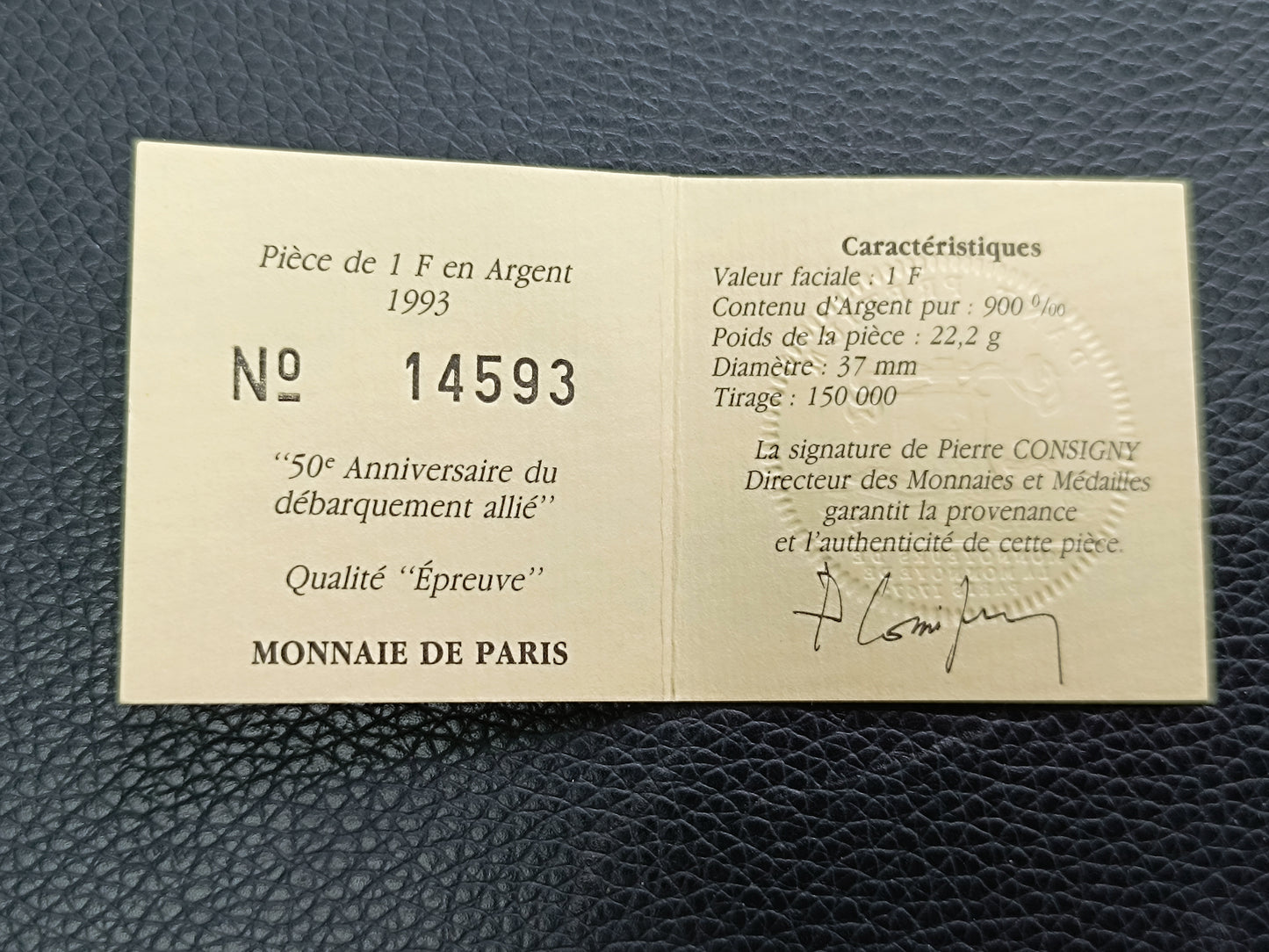 Monnaie de Paris 1 Franc 1993 50ème anniversaire du débarquement allié. Coffret BE Argent 22.2 gr