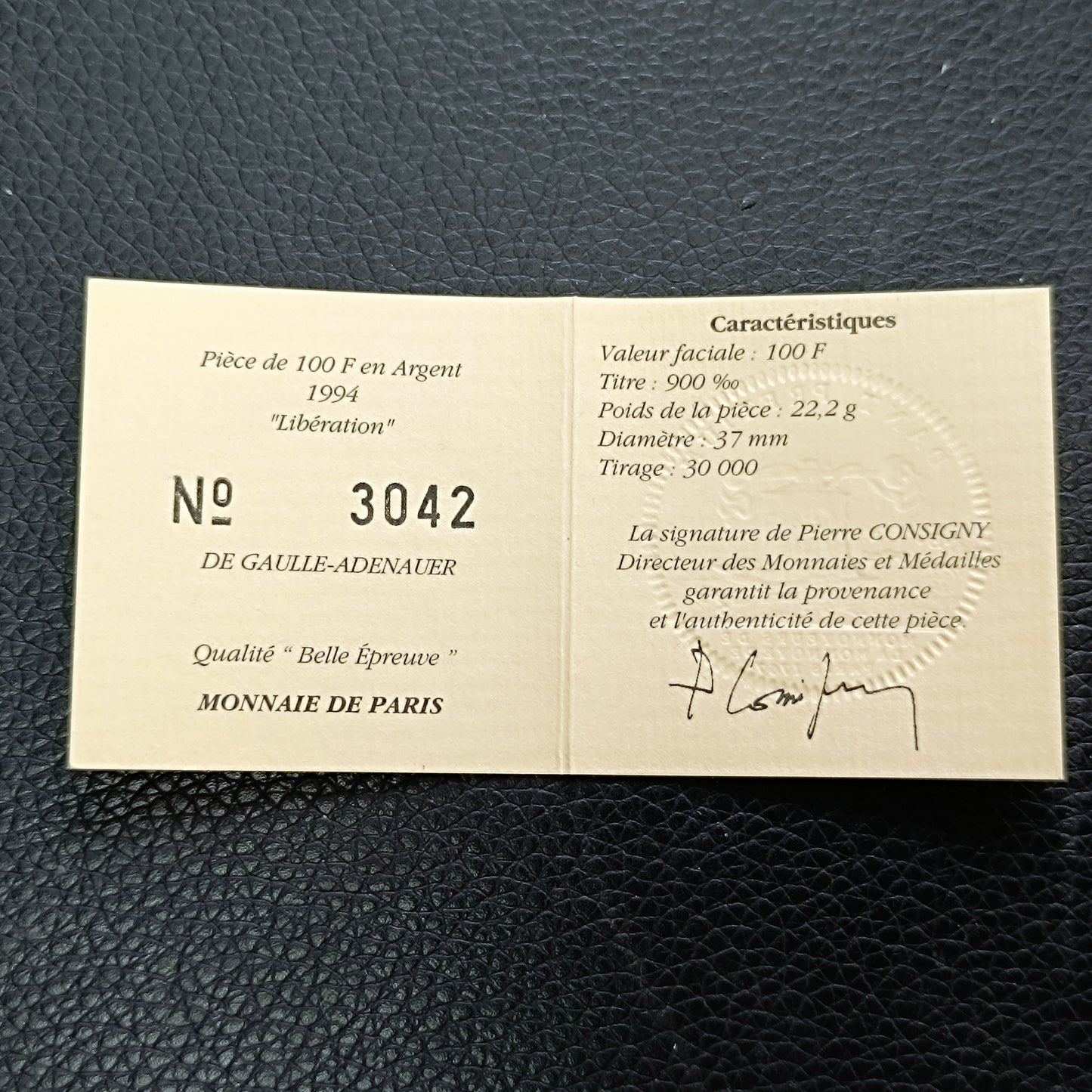 Monnaie de Paris 100 Francs 1994 De Gaulle Adenauer Coffret BE Argent 22.2 gr