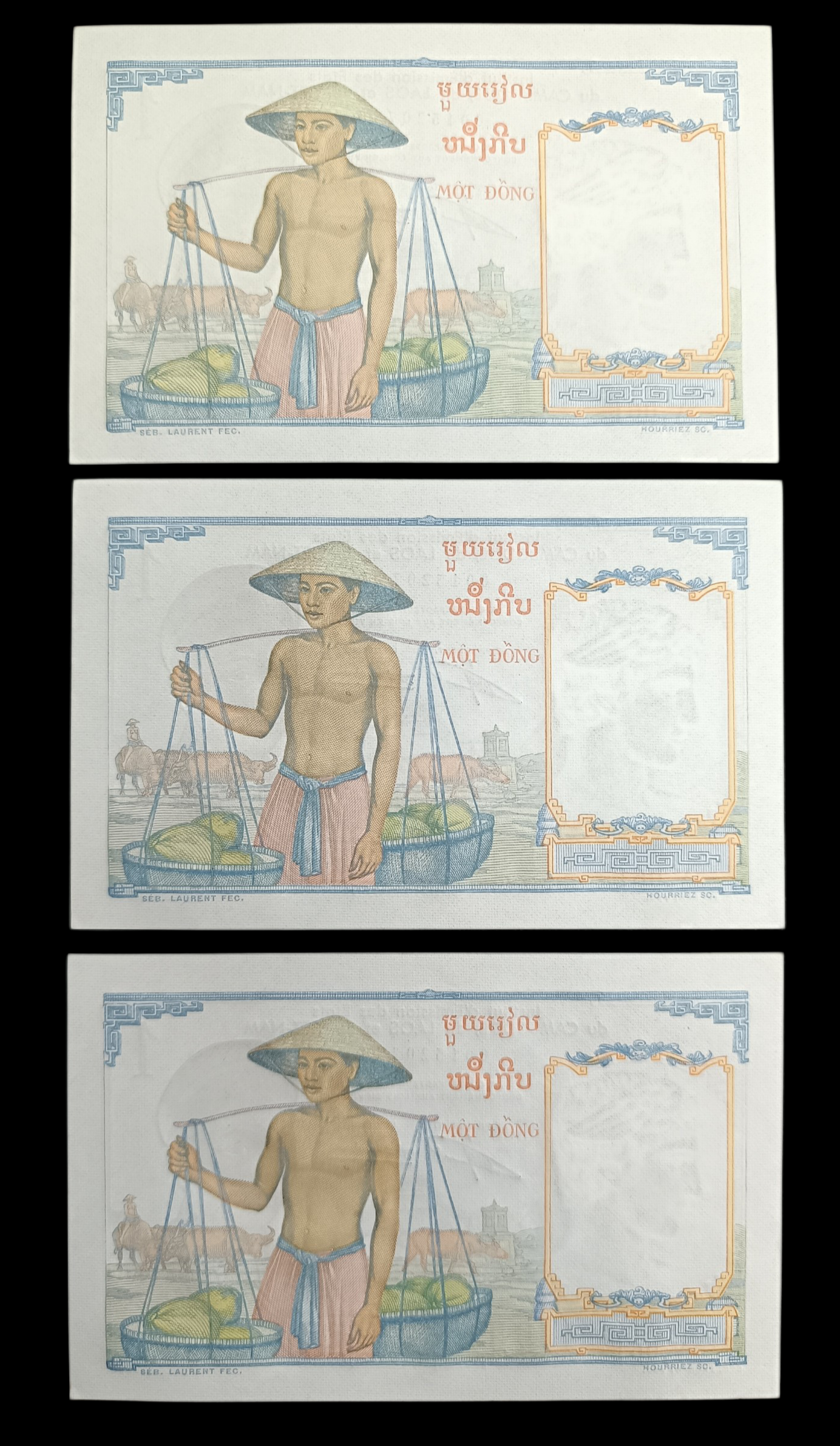 Indochine lot de 3 billets d'une Piastre 1953. Numéros consécutifs. État neuf