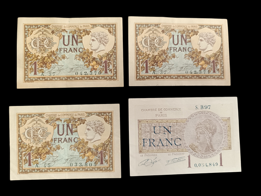 Chambre de commerce de Paris. Lot de 4 billets de 1 Franc 1920.