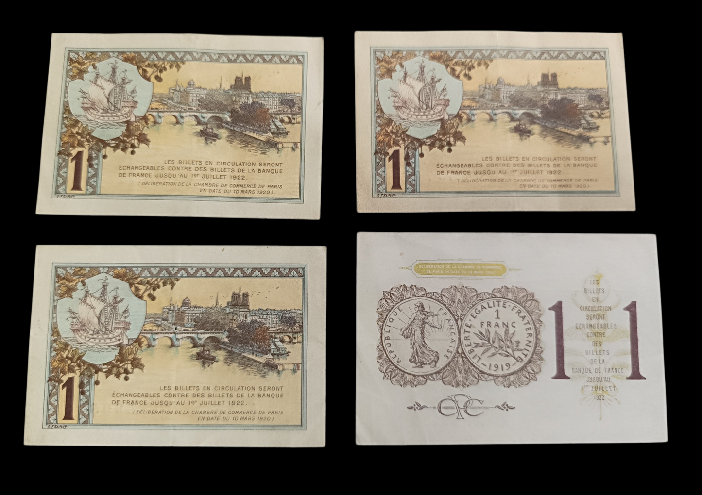 Chambre de commerce de Paris. Lot de 4 billets de 1 Franc 1920.