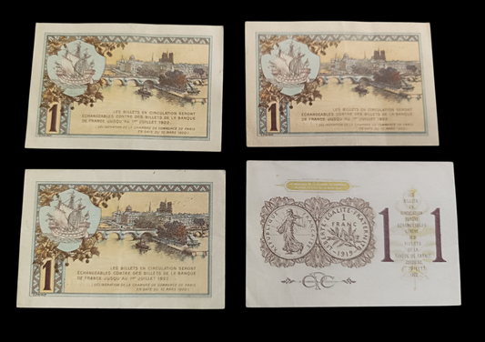 Chambre de commerce de Paris. Lot de 4 billets de 1 Franc 1920.