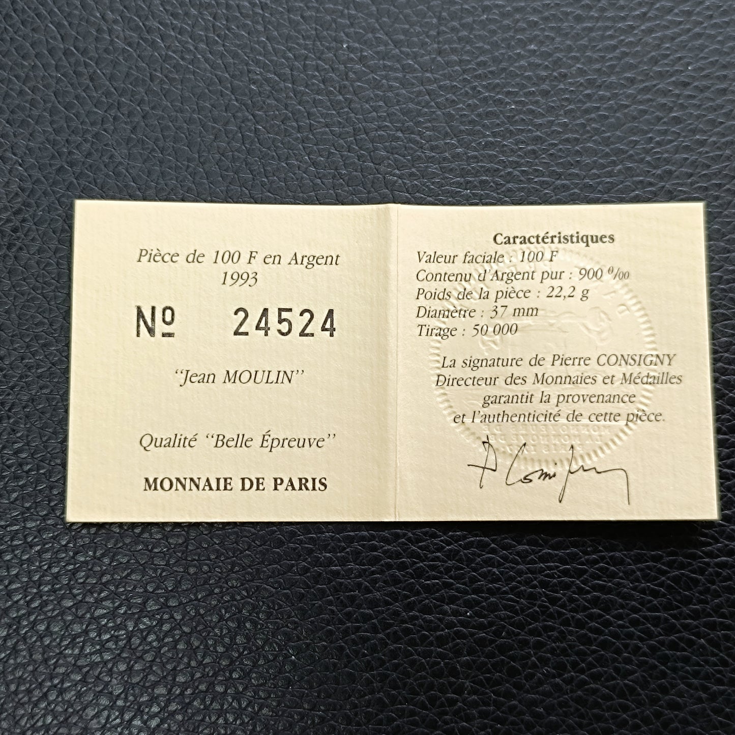 Monnaie de Paris 100 Francs Jean Moulin Conseil National de la Résistance 1993 Coffret BE Argent 22.2 gr