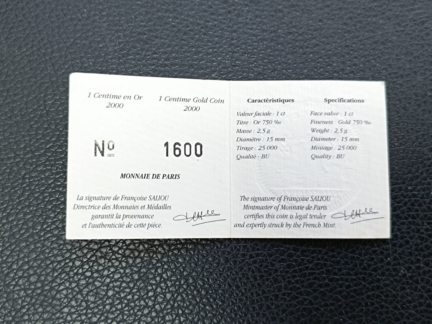 Monnaie de Paris 1 centime Épi 2000 Or BU 2.5 gr