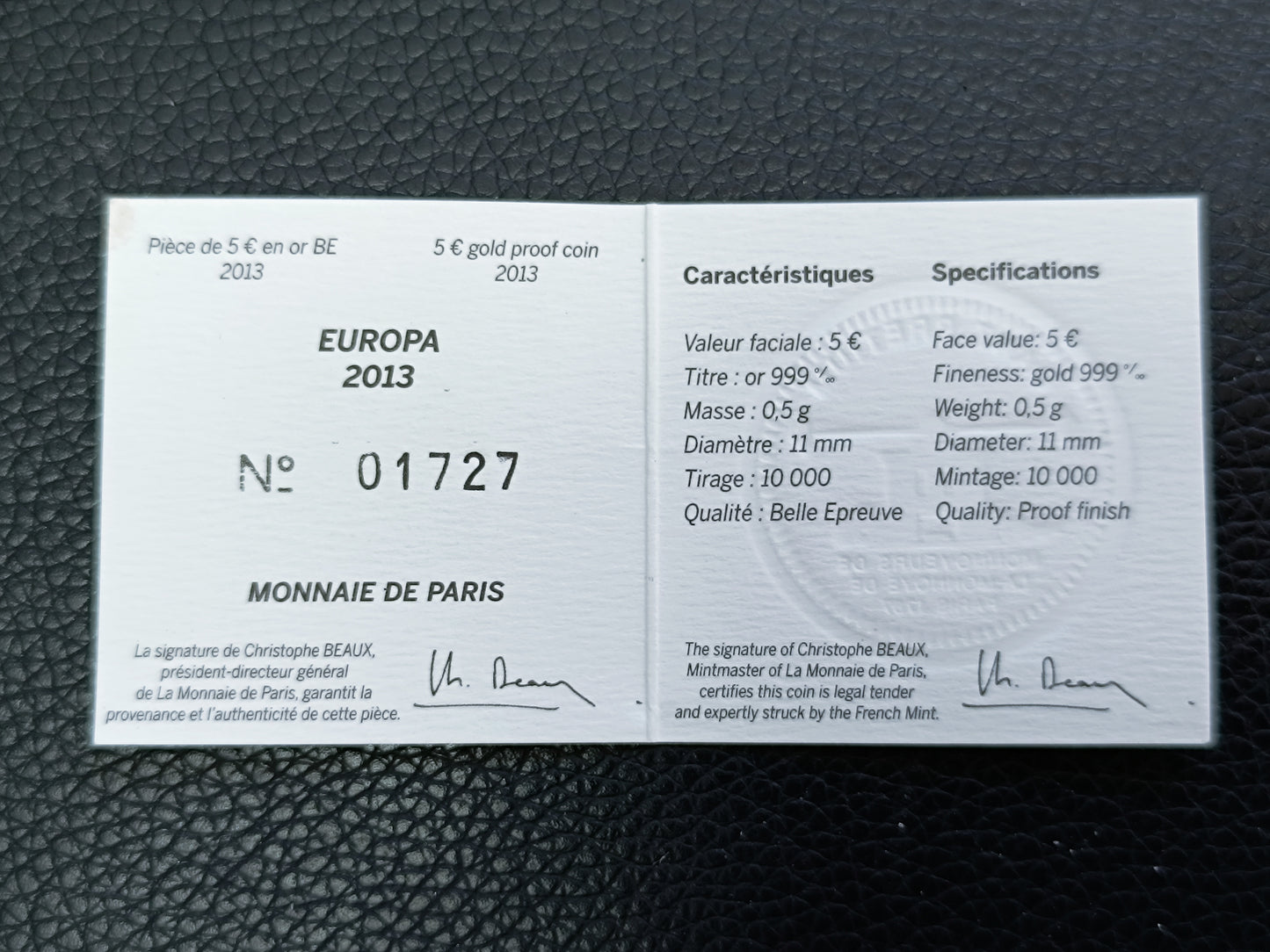 Monnaie de Paris 5€ Traité de l'Élysée Europa 2013 Or BE 1/2 gr