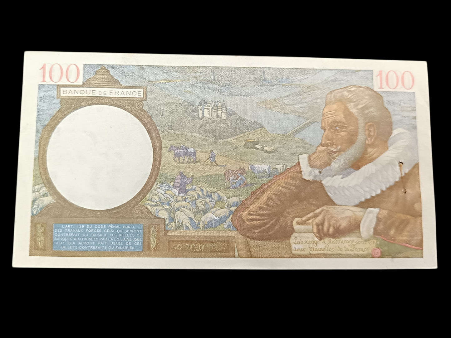 Billet de 100 Francs Sully. 30-1-1941. Superbe état sauf trace et trous d'agrafes