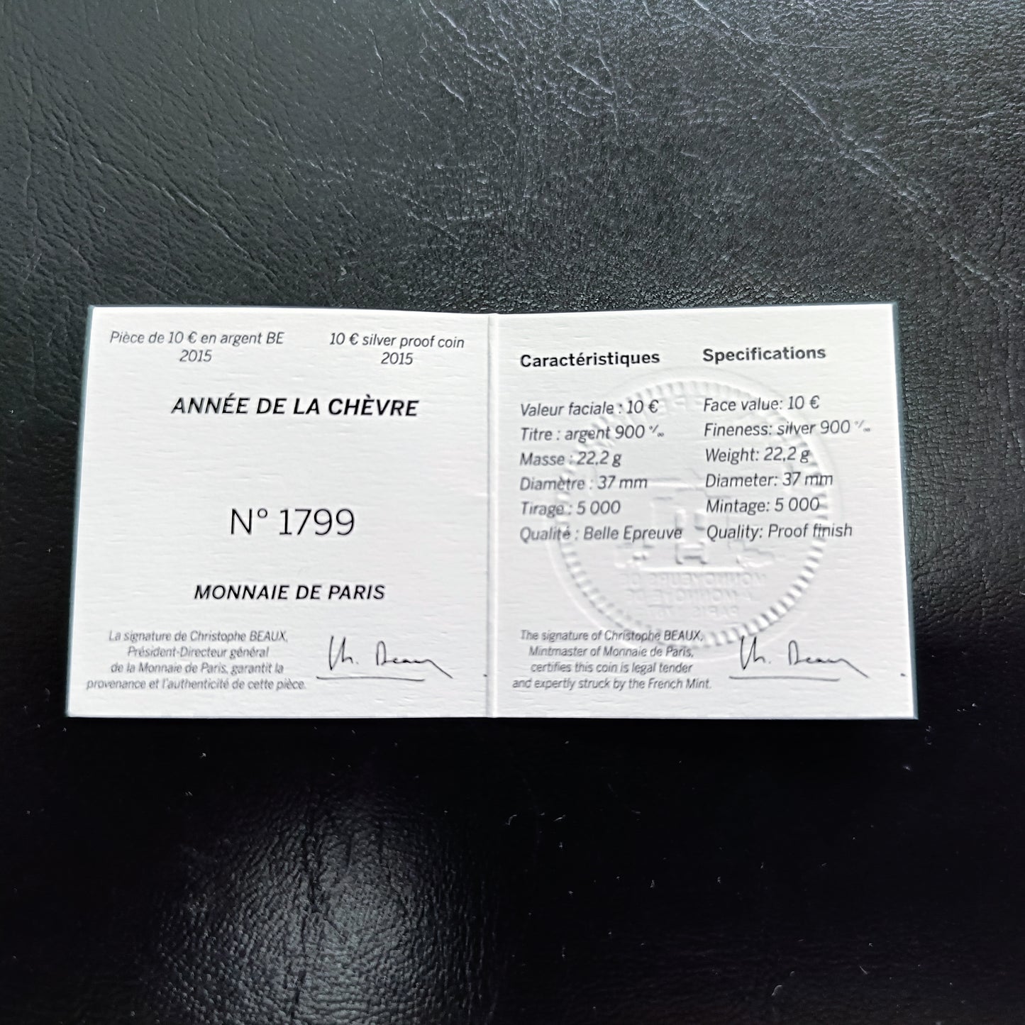 France 10 Euros 2015 Année de la Chèvre Coffret BE Argent 22.2 gr