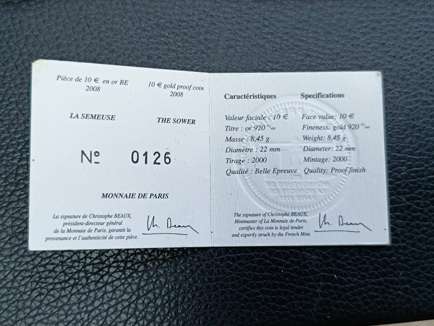 France 10 Euros La Semeuse 2008 Coffret BE Or 8.45 gr 1/4 once