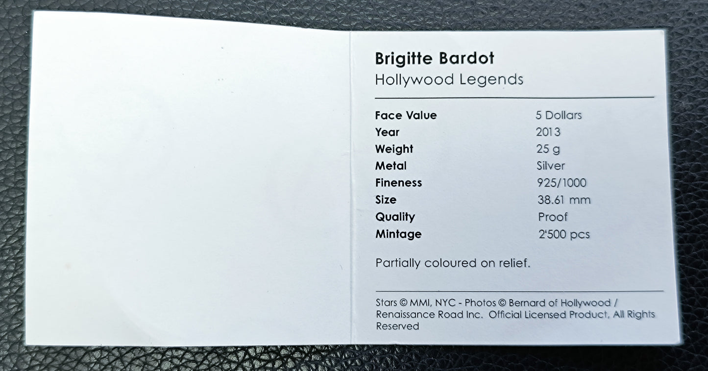 Cook Islands 5 Dollars 2013 Brigitte Bardot Argent 25 gr