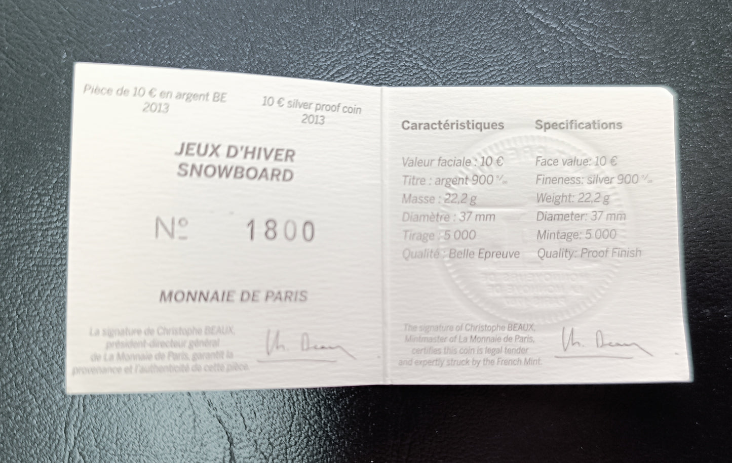 France 10 Euros 2013 Jeux d'Hiver Snowboard Coffret BE Argent 22.2 gr