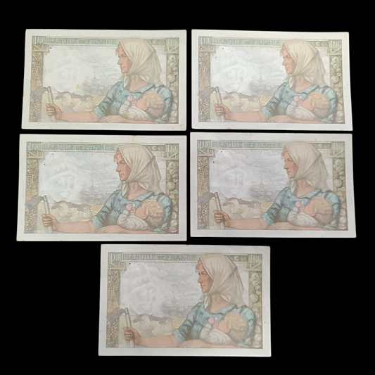 Lot de 5 Billets numéros consécutifs 10 francs Mineur 30-10-1947. État TTB à SUP