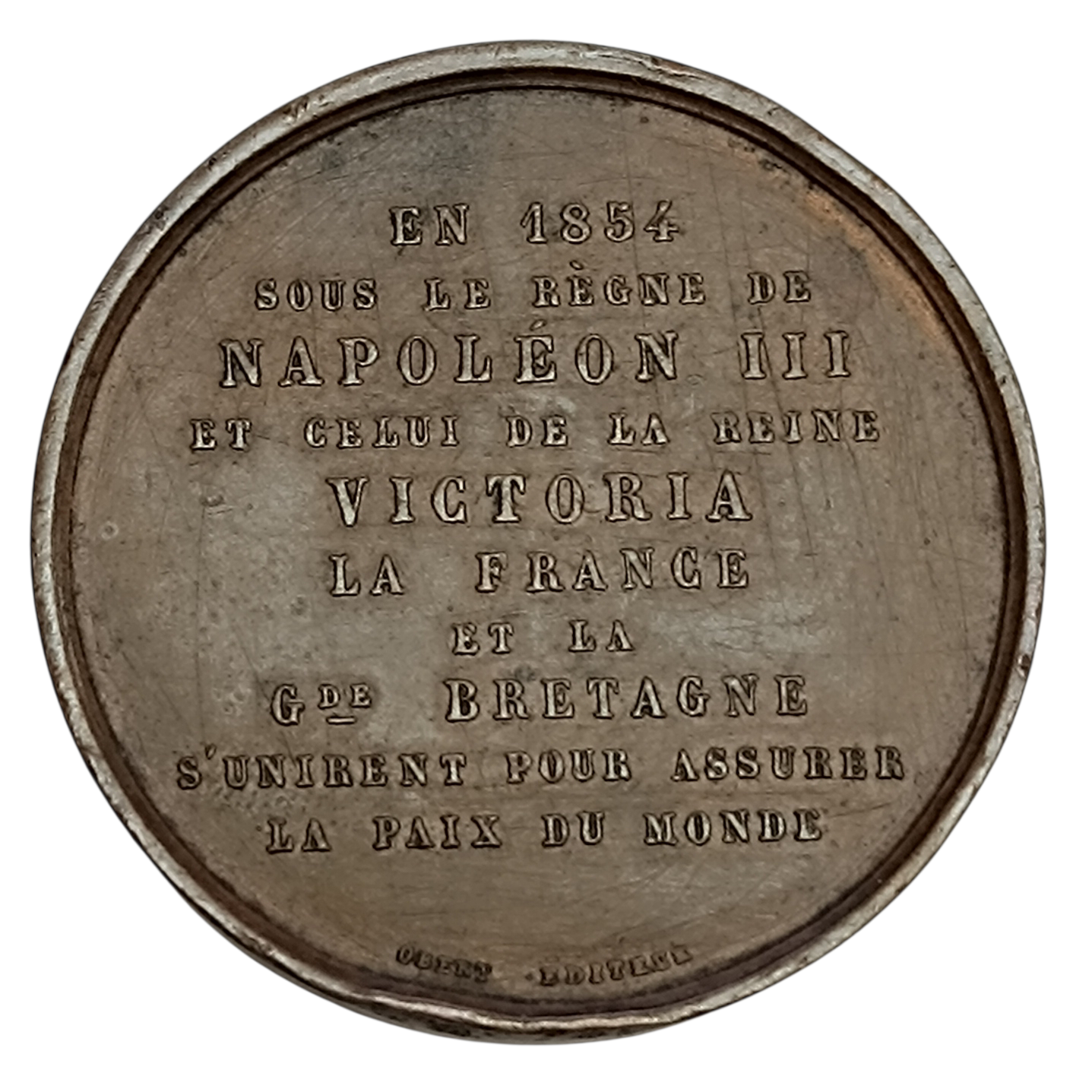 Médaille Napoléon III et Victoria pour la Paix dans le Monde 1854 Bronze 22.17 gr 36.5 mm