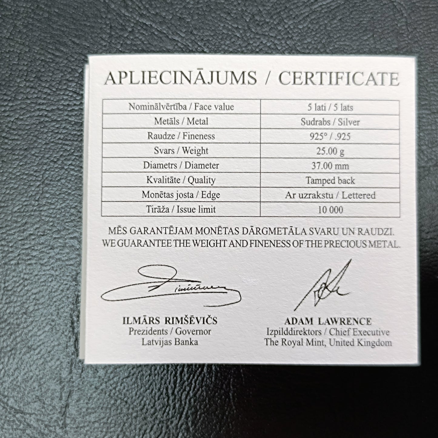 Lettonie 5 Lati 2012 Argent 25 gr Coffret
