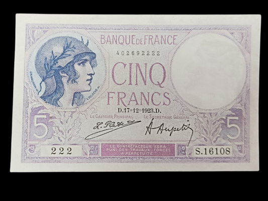 Billet 5 Francs Femme casquée 17-12-23. Superbe état