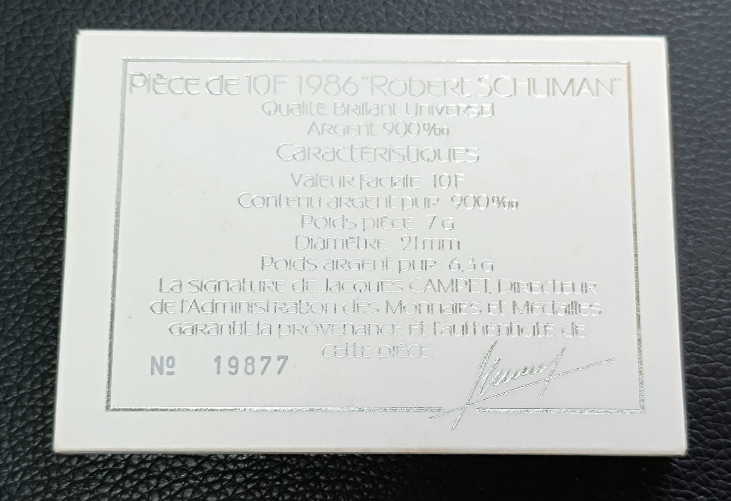 Monnaie de Paris 10 francs Robert Schuman 1986 Coffret BU Argent