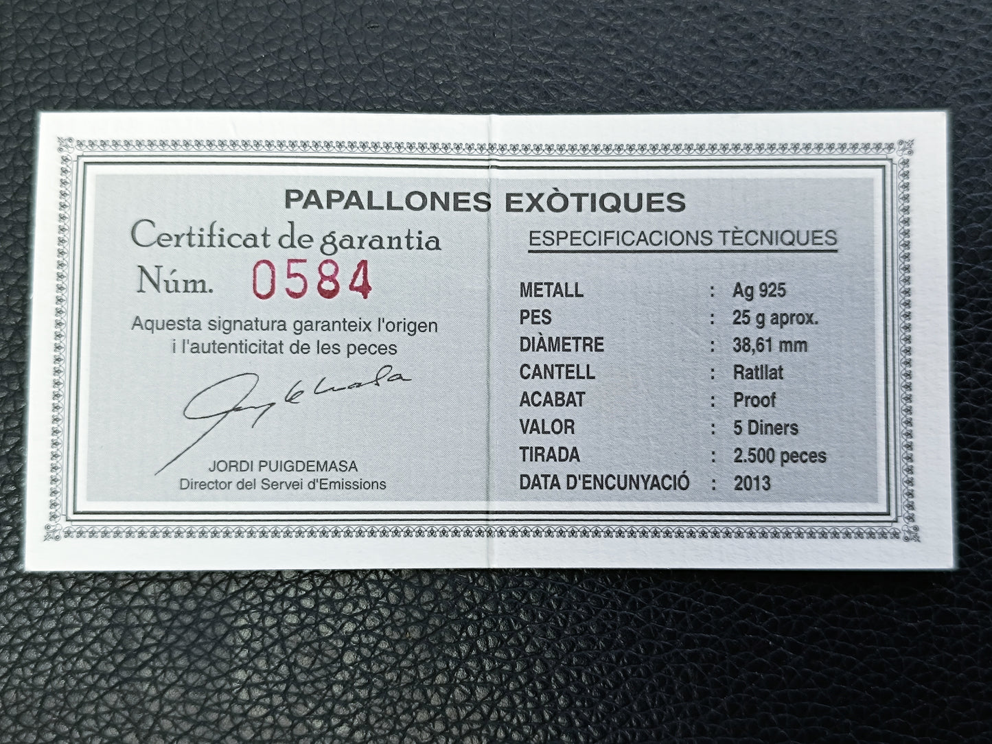 Andorre 5 Diners 2013 Papillons exotiques en 3D. Argent 25 gr