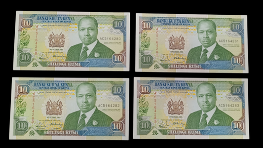 Kenya lot de 4 Billets de 10 shillings 1989. Numéros consécutifs. État neuf