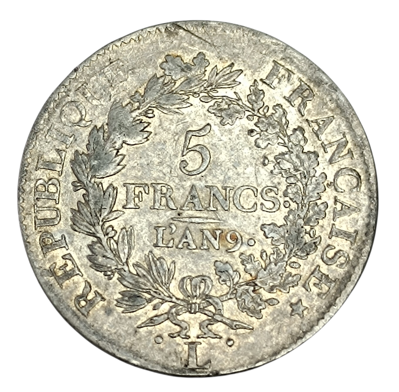 Union et Force 5 Francs AN 9 L Bayonne 24.77 gr