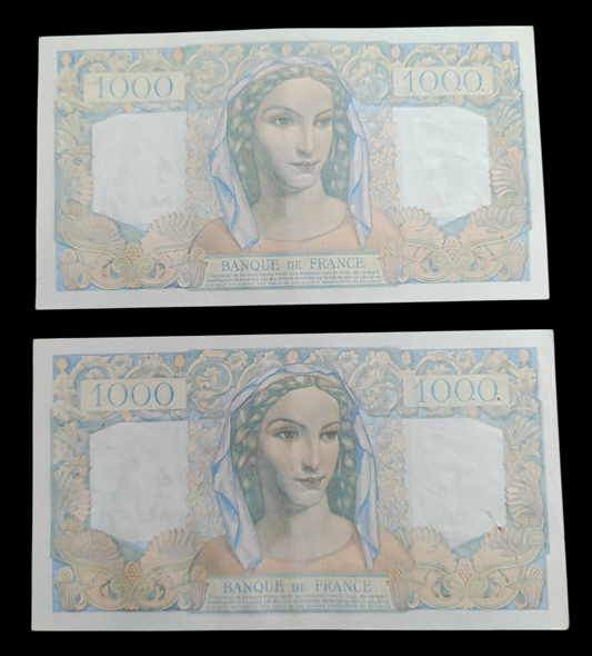 Lot de 2 billets numéros consécutifs Minerve et Hercule 1-9-1949 J.583. État SUP quelques trous d'épinglages.