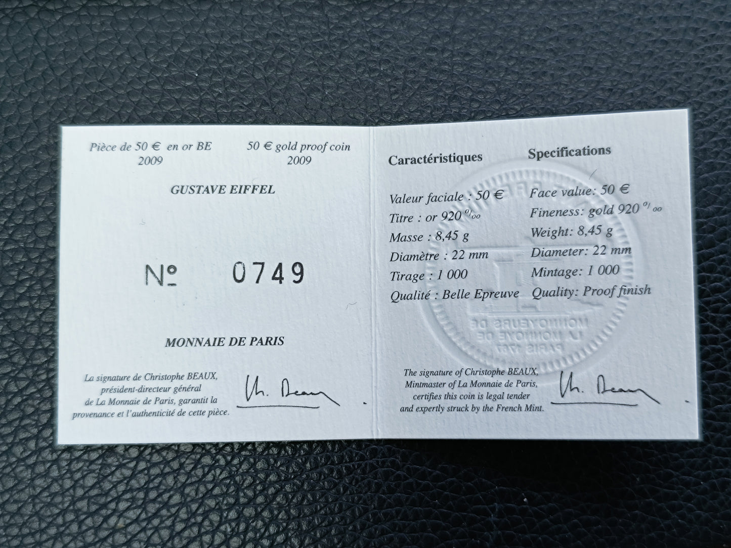 France 50 Euros 2009 Gustave Eiffel Coffret BE Or 8.45 gr 1/4 once