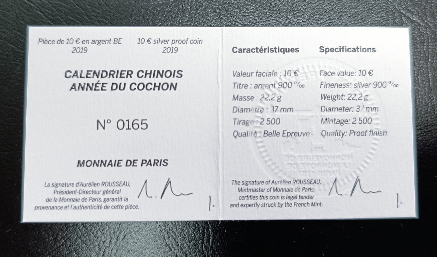 France 10 Euros 2019 Année du cochon Coffret BE Argent 22.2 gr