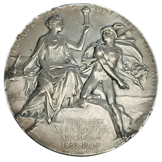 Médaille Suède. Gustaf de Laval et John Bernström. Émise en 1908. Commémorant le 25e anniversaire de l'écrémeur AB. 50 mm, 72,30 g. Par E. Lindberg.