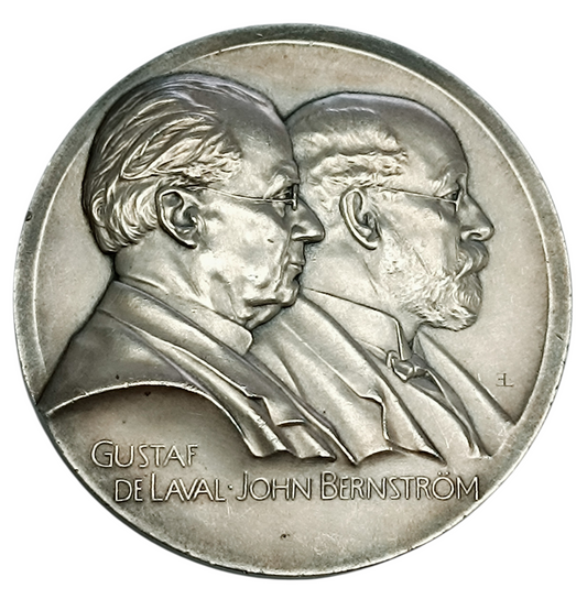Médaille Suède. Gustaf de Laval et John Bernström. Émise en 1908. Commémorant le 25e anniversaire de l'écrémeur AB. 50 mm, 72,30 g. Par E. Lindberg.