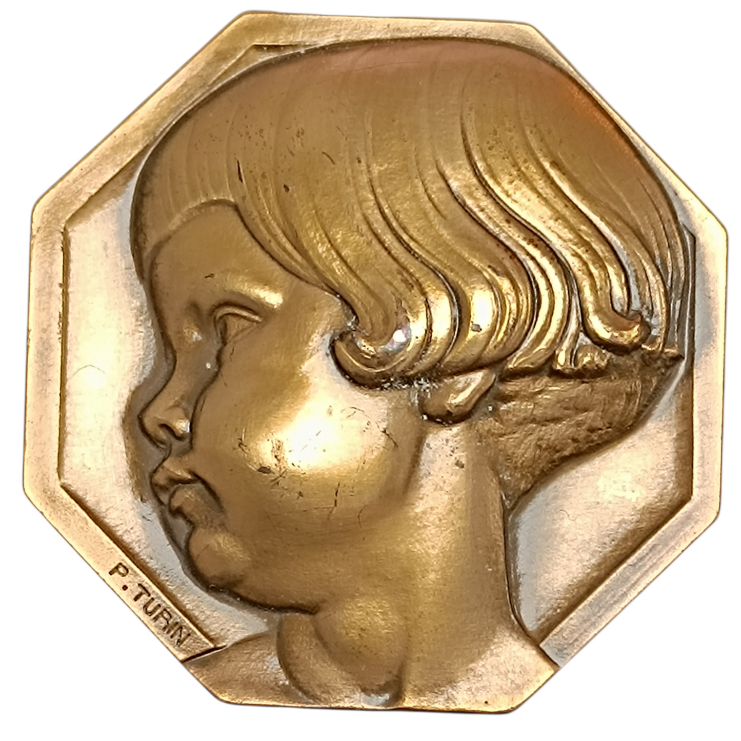 Medalla de P.Turín que representa a un niño pequeño y sus juguetes. En bronce. 54,7 mm 137,7 g