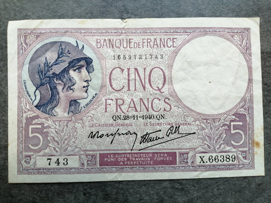 5 francs Violet - X.66389 - QN 28.11.1940