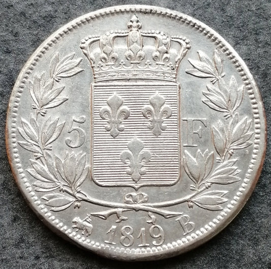 Louis XVIII (1815-1824) 5 francs 1819 B Rouen Argent 24,97 gr