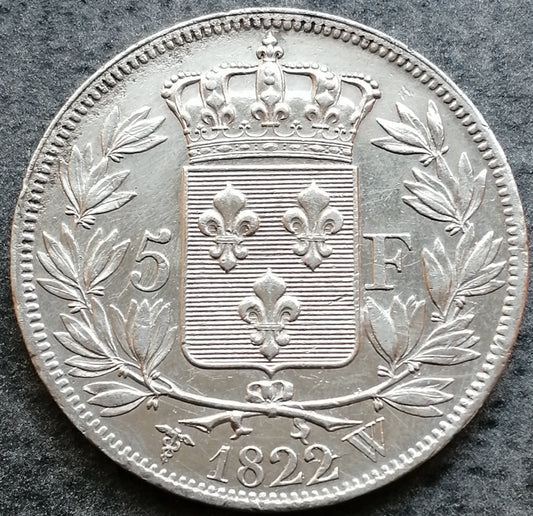 Louis XVIII (1815-1824) 5 francs 1822 W Lille Argent 24,96 gr