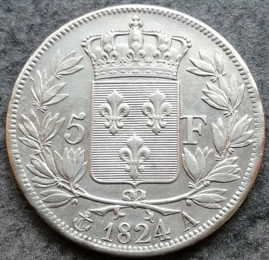 Louis XVIII (1815-1824) 5 francs 1824 A Paris Argent 24,86 gr
