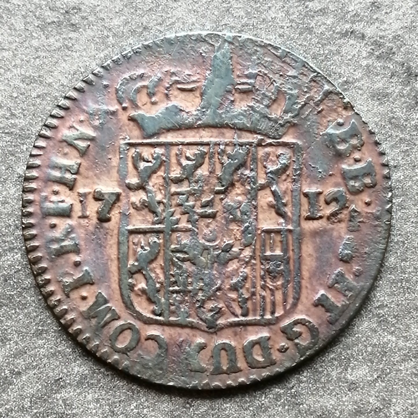 Países Bajos Españoles 1 liard 1712 Namur Maximiliano II Manuel de Baviera 3,03 gr
