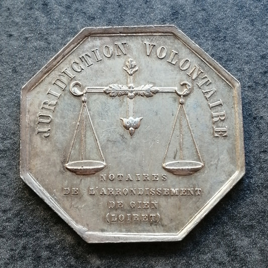 Jeton Notaires de l'arrondissement de Gien. Juridiction Volontaire. Argent 14.68 gr 31 mm