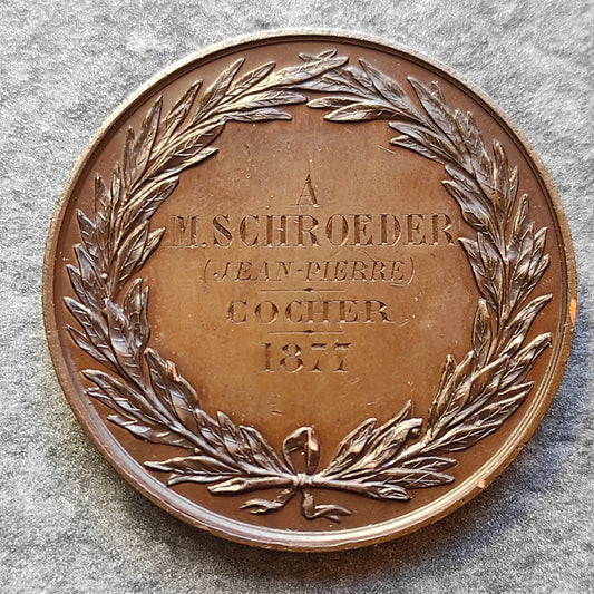 Médaille Société Protectrice des Animaux Compagnie des Omnibus Cocher 1877. Cuivre 35.4 gr 41 mm