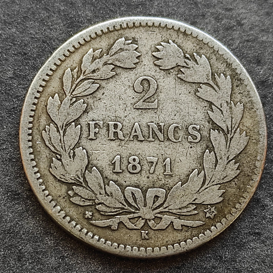 Cérès sans légende 2 Francs 1871 K Argent 9,54 gr