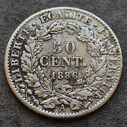 Cérès 50 centimes 1886 A Argent. Nettoyée