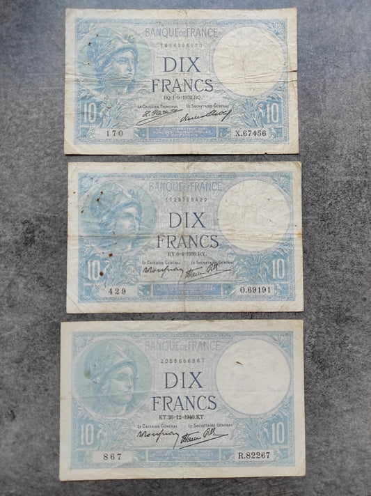 Lot de 3 billets de 10 Francs Minerve 1932 1939 et 1940