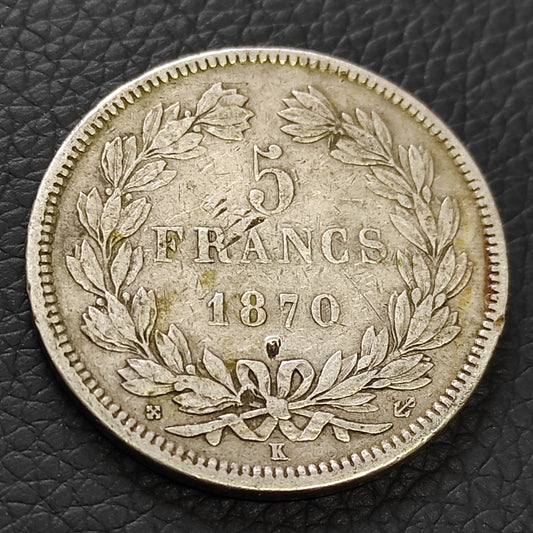 Cérès 5 Francs sans légende 1870 K Bordeaux. Argent. 26,17 gr